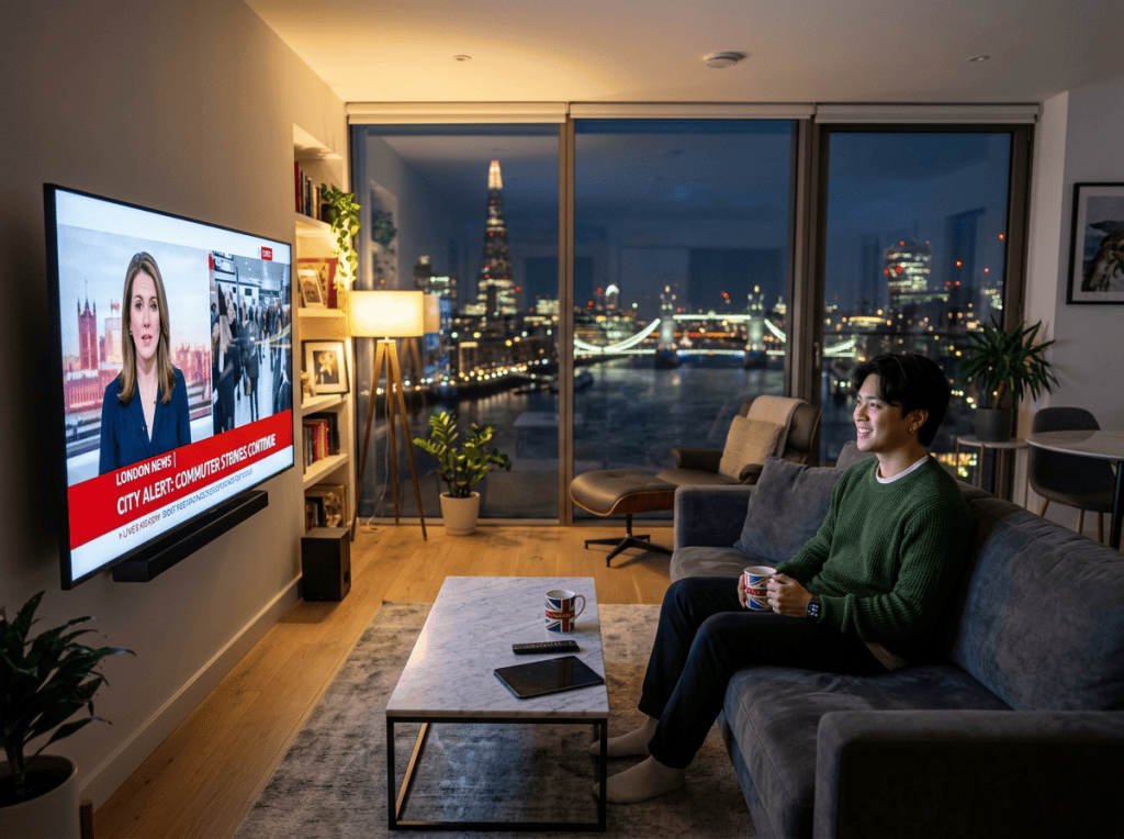 Person watching London news on television beside nighttime city skyline