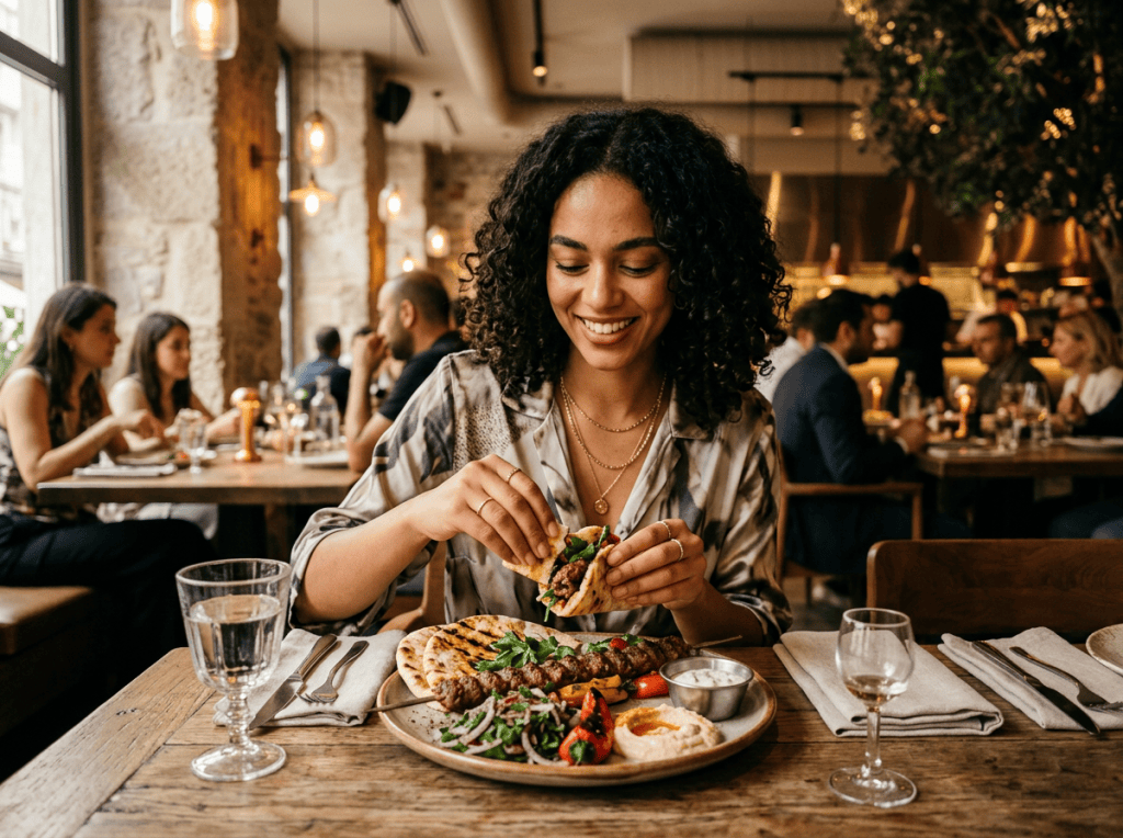 Woman eating a Mediterranean-style meal at a warmly lit restaurant