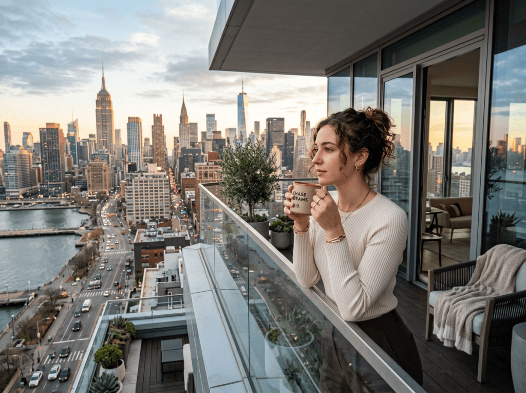 Woman holding coffee on balcony overlooking Manhattan skyline