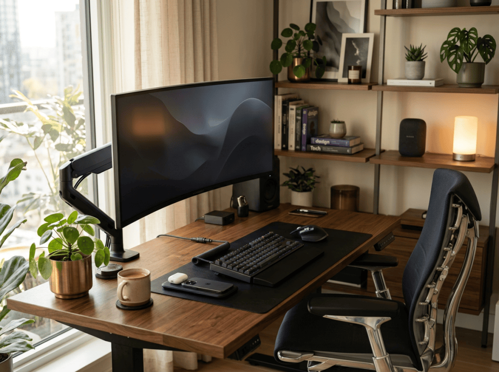 Curved monitor and keyboard on a wooden home office desk